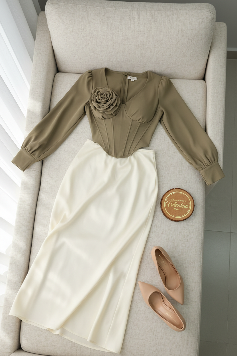 Conjunto Olive Rose – Corset Verde Oliva con Rosa 3D + Falda Satén Crema cod.689
