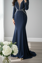 Vestido Azul Marino Sirena  Escote V Profundo — Gala y Eventos de Lujo cod.0075