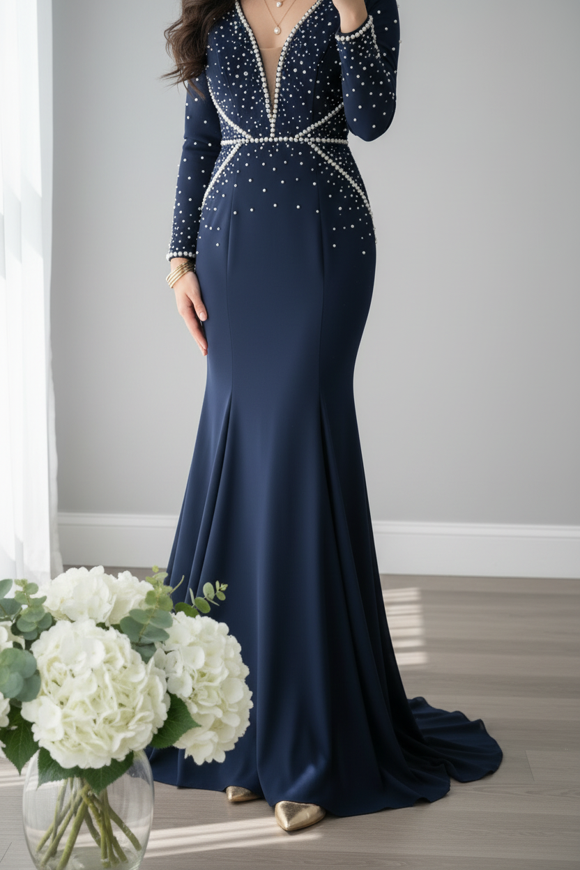 Vestido Azul Marino Sirena  Escote V Profundo — Gala y Eventos de Lujo cod.0075