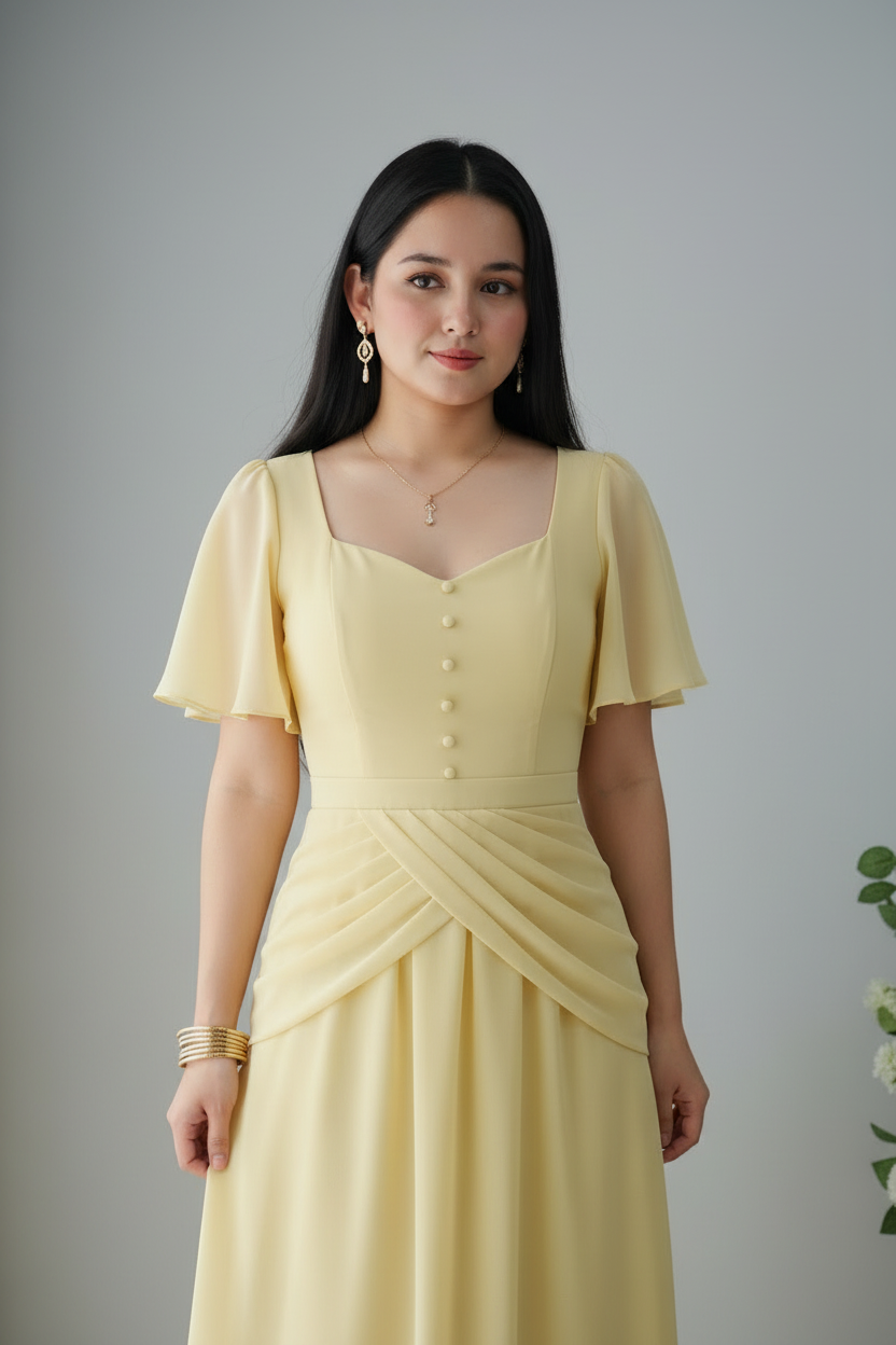 Vestido Amarillo Suave Maxi Gasa Manga Butterfly cod.958