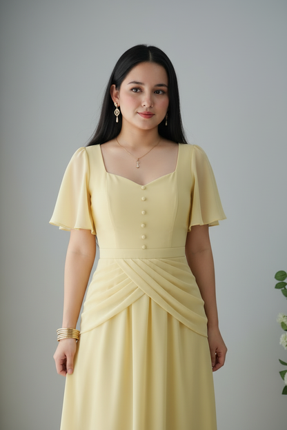 Vestido Amarillo Suave Maxi Gasa Manga Butterfly cod.958