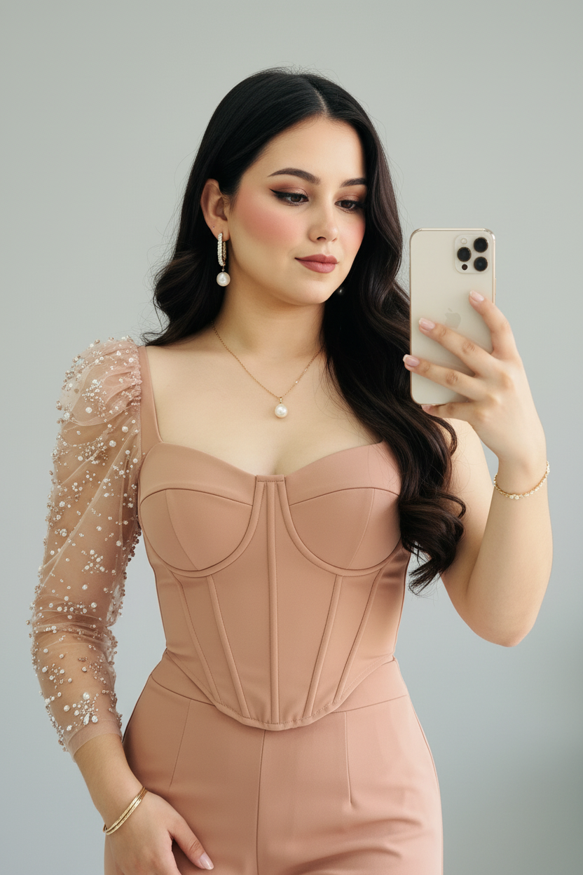 Conjunto Dos Piezas Nude Blush Corset con Manga de Tul y Perlas y Pantalón Wide Leg cod. 535