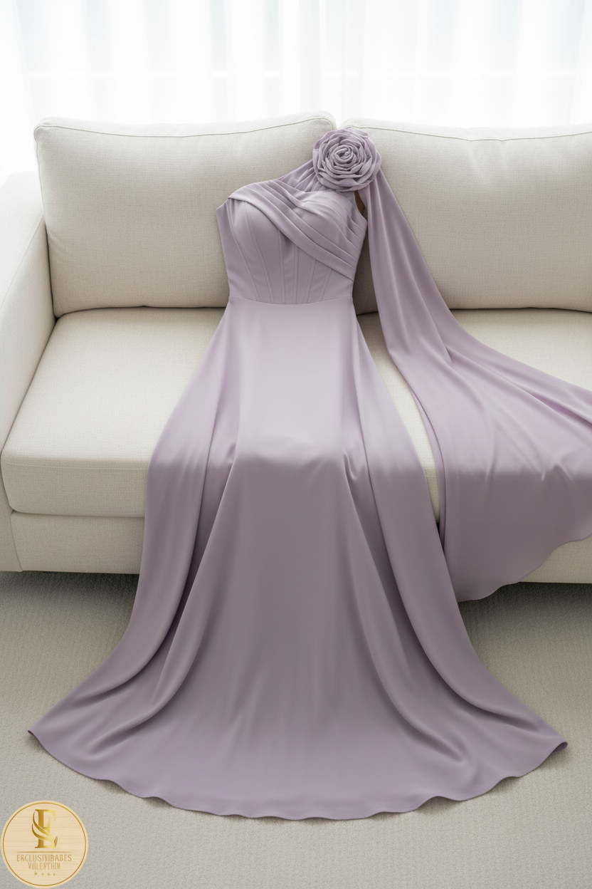Vestido Lila Lavanda Un Hombro con Rosa 3D y Capa Fluida cod.733
