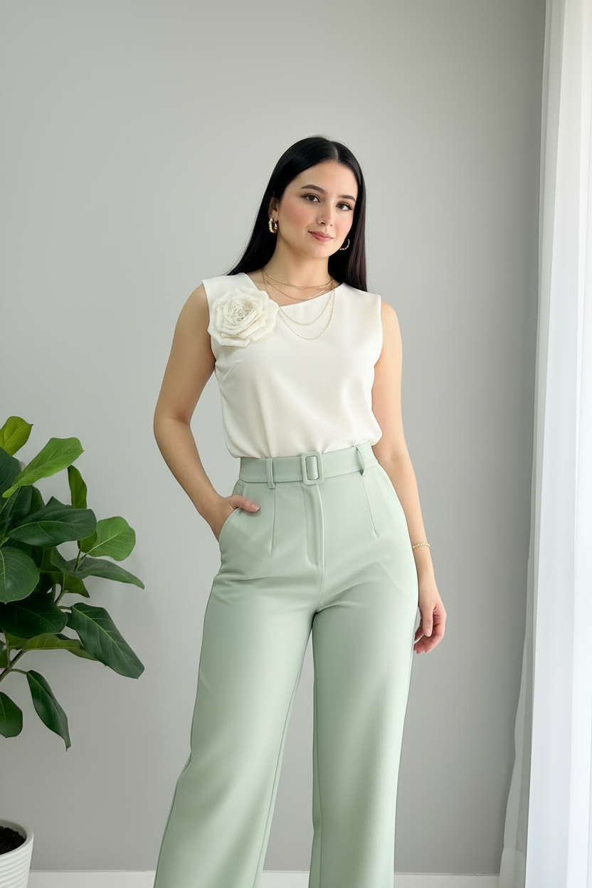 Conjunto Top Blanco Rosa 3D + Pantalón Verde Menta Tiro Alto con Cinturón cod.C592