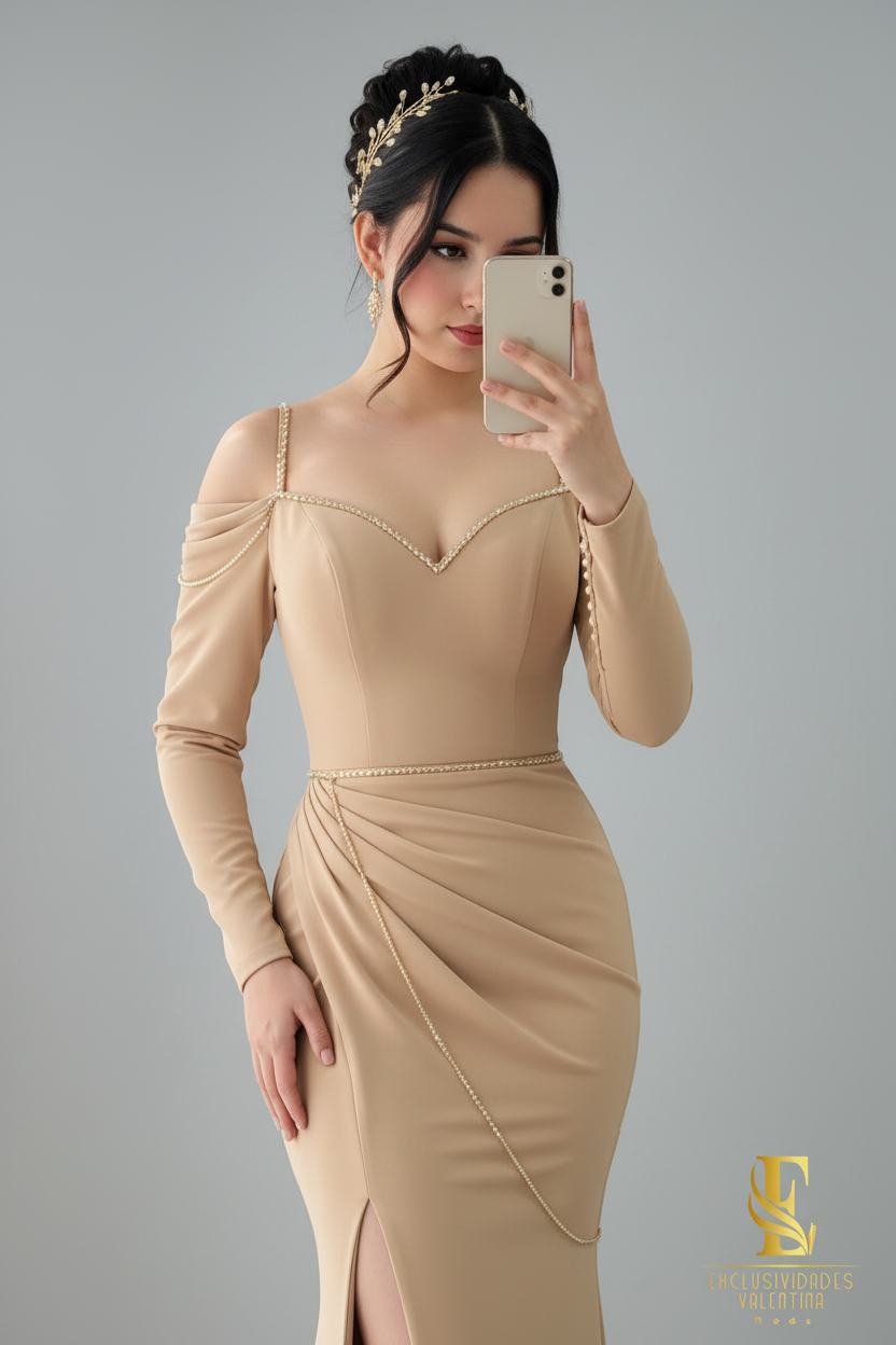 Vestido Champagne Dorado Sirena Manga Larga con Tirantes y Cadenas de Perlas cod.0072
