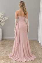 Vestido largo rosa empolvado escote corazón con pedrería y abertura cod. VC016