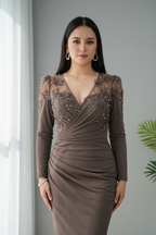 Vestido Gris Topo Sirena Manga Larga Escote V Perlas cod.V688