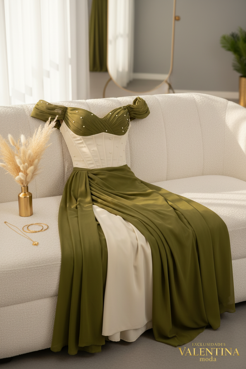 Vestido Verde Oliva Off-Shoulder con Corsé Crema y Abertura cod.V672