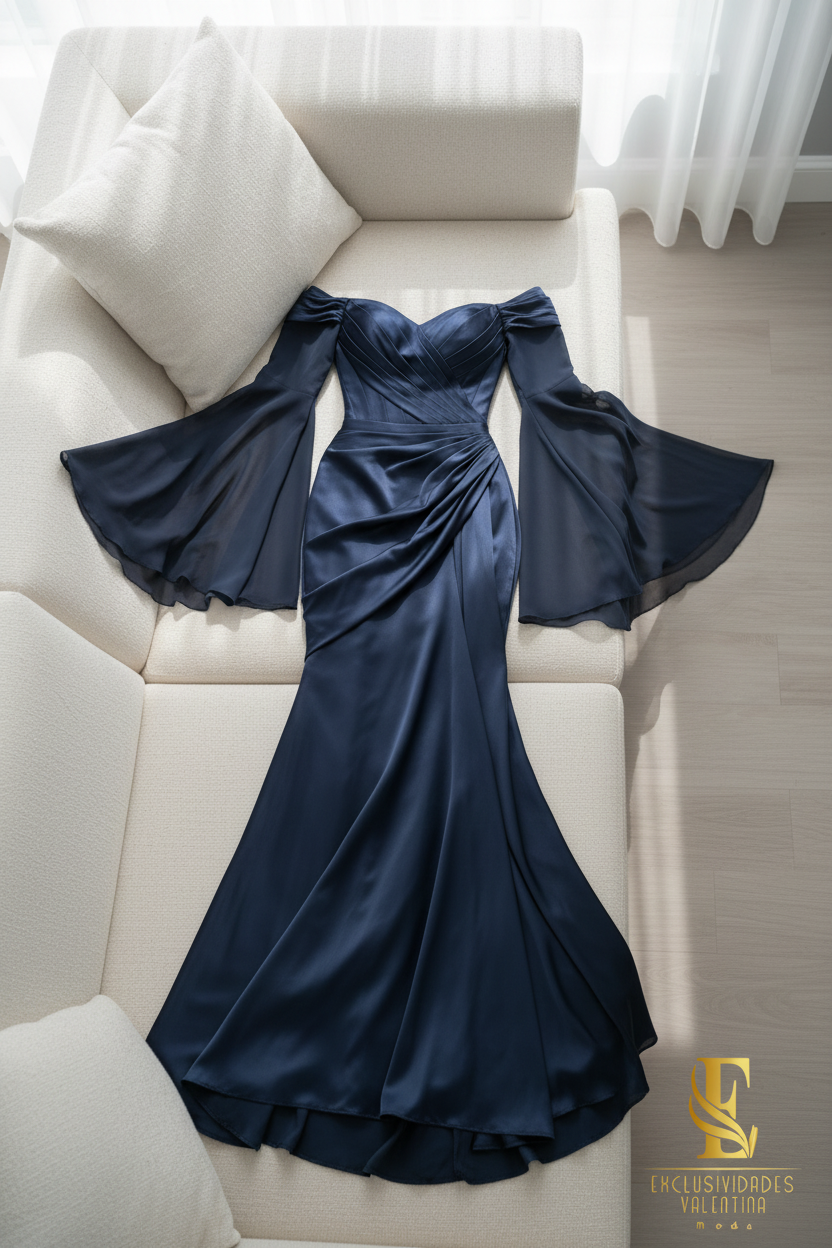 Vestido Azul Marino Off-Shoulder con Mangas Campana cod.V667