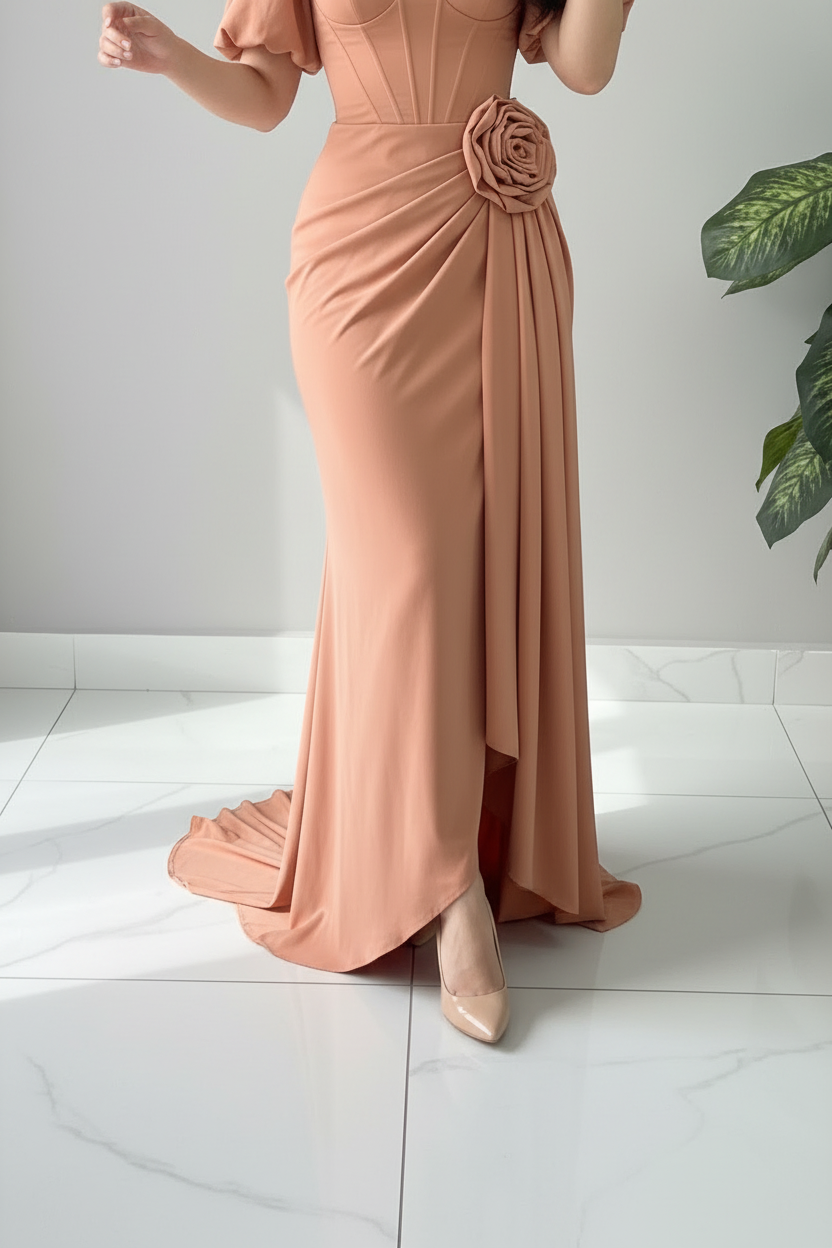 Vestido Terracota Corset con Mangas Globo y Rosa D cod.658
