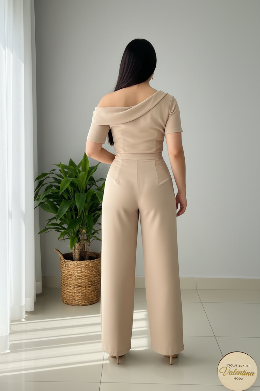 Conjunto 2 Piezas Beige Champagne Top One-Shoulder Drapeado y Palazzo cod.00142