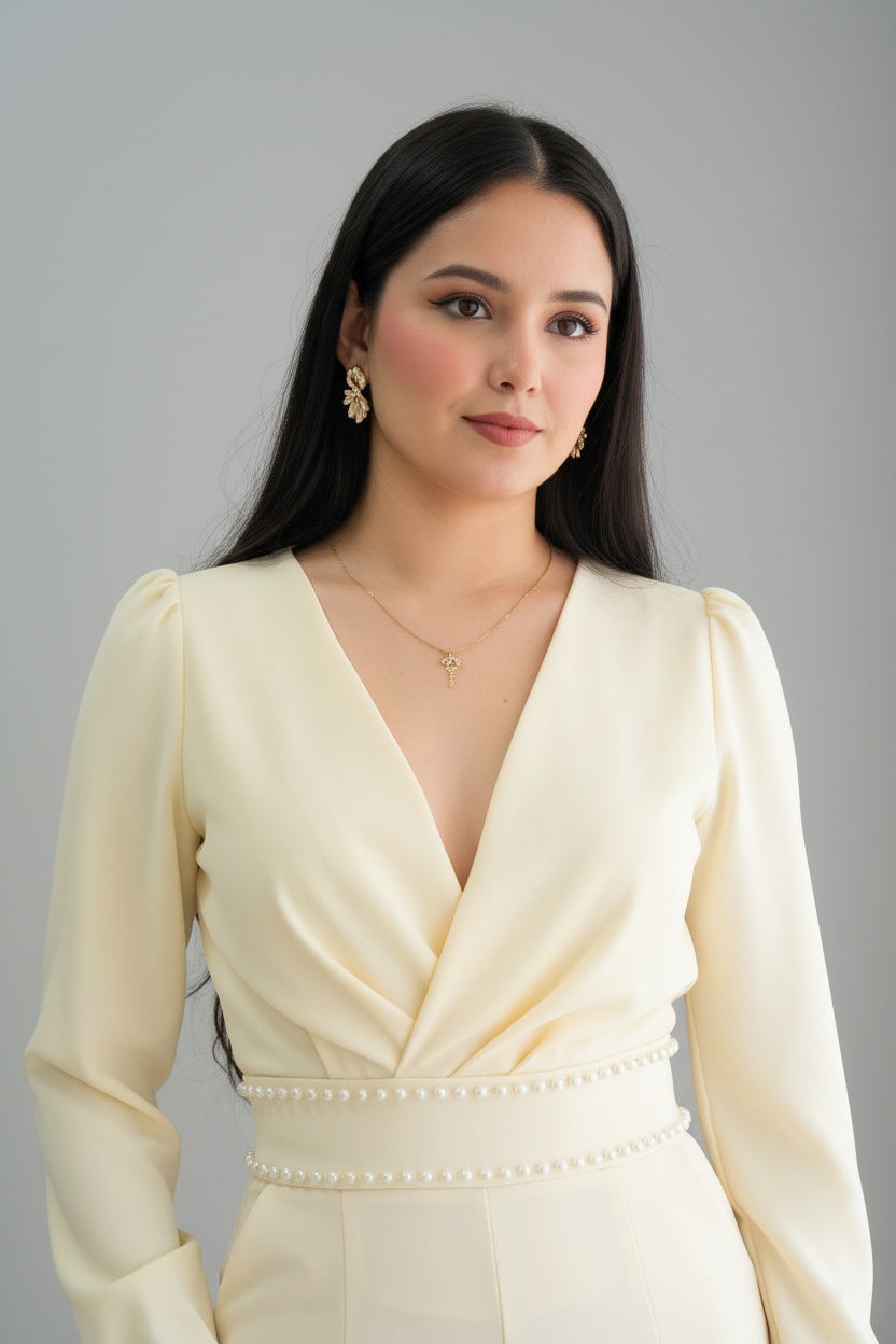 Conjunto Dos Piezas Crema Marfil B. Cruzada con Perlas y P. Palazzo cod.C606