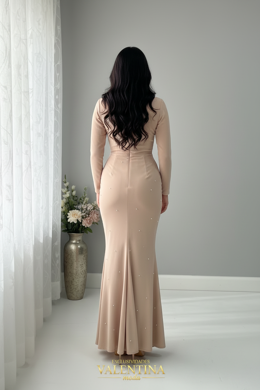 Vestido Nude Rosa 3D con Perlas cod.V729