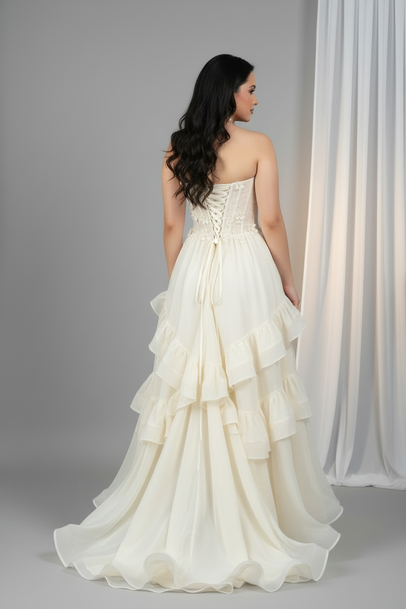 Vestido Ivory Strapless Corsé Flores 3D con Falda Capas Organza Maxi cod.985