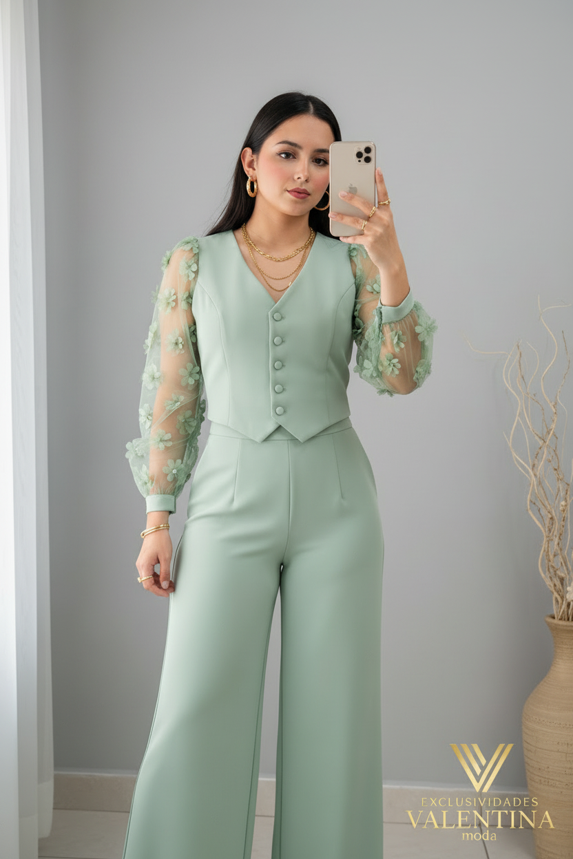 Conjunto Verde Menta 3 Piezas: Blusa Organza Floral, Chaleco y Pantalón Palazzo cod.C529
