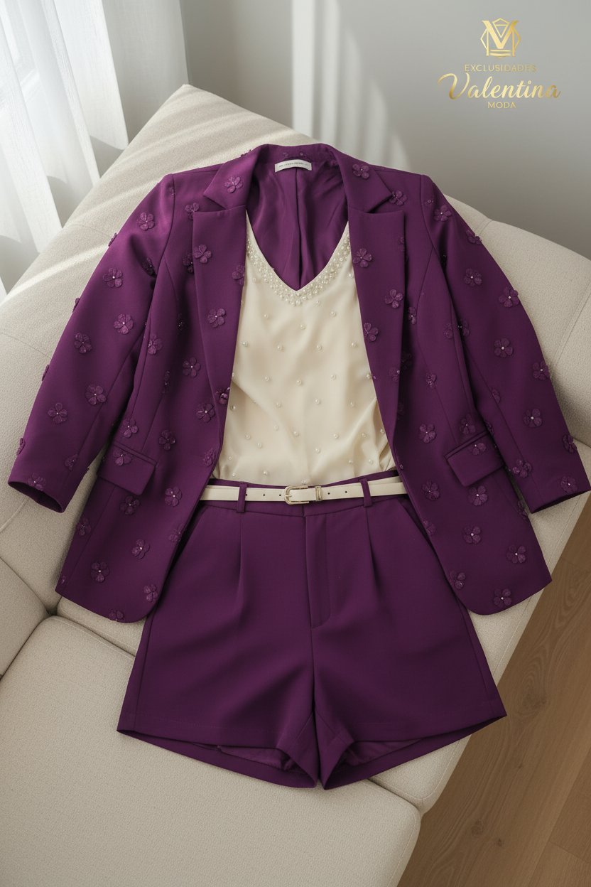 Conjunto 3 Piezas Morado: Blazer, Blusa & Short cod.C795