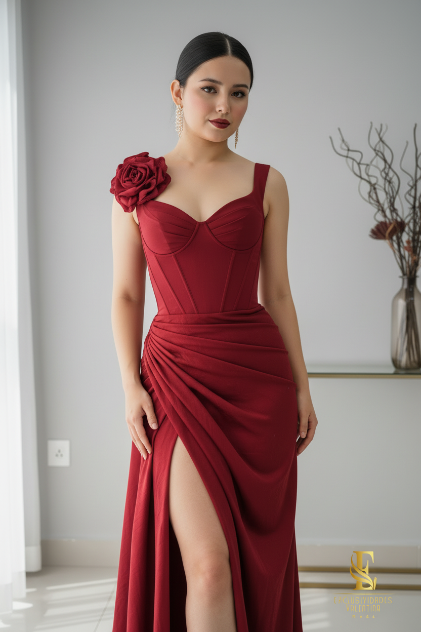 Vestido Rojo Vino Corset con Flor D cod.V345