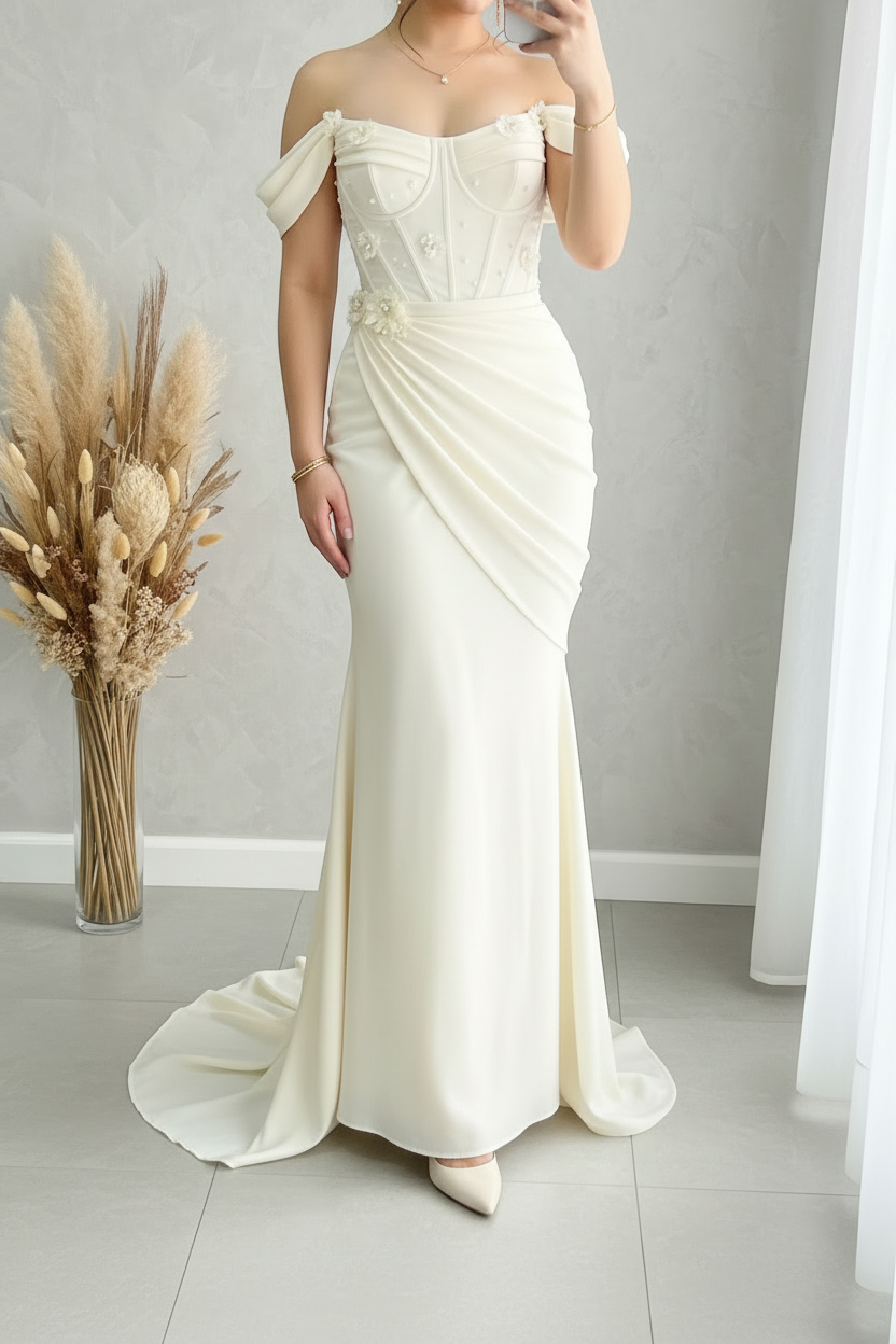 Vestido Ivory Off-Shoulder Sirena con Perlas y Corsét cod.V365