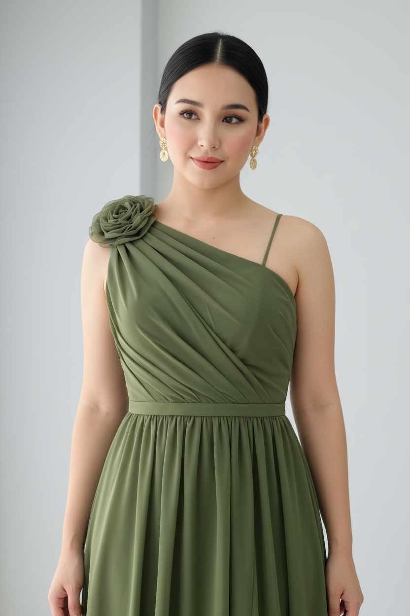 Vestido Verde Olivo Un Hombro con Flor cod.V358