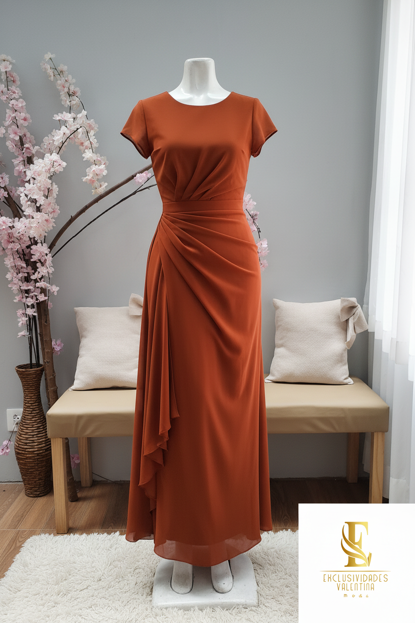 Vestido Terracota Drapeado Manga Corta cod.V344