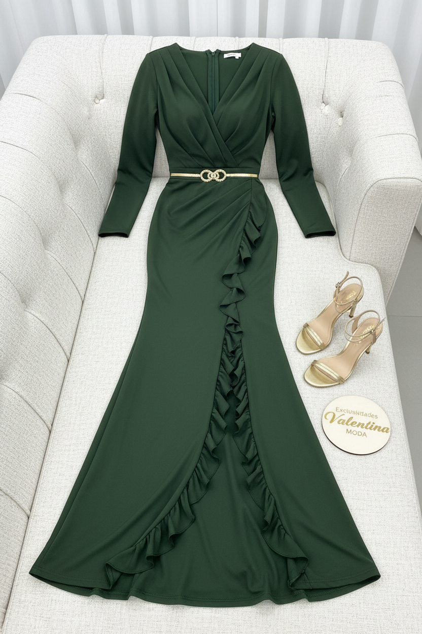 Vestido Verde Bosque Sirena Escote V con Volantes cod.00129