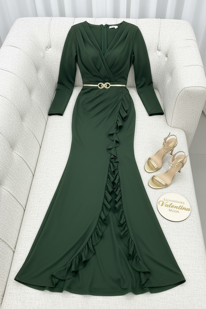 Vestido Verde Bosque Sirena Escote V con Volantes cod.00129