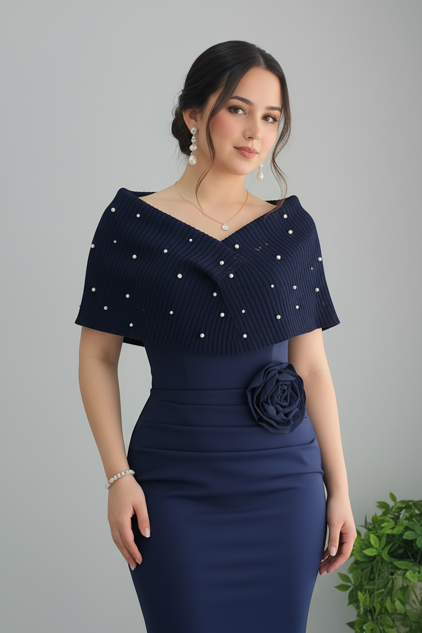 Vestido Sirena Azul Marino con Perlas y Rosa 3D Exclusivo cod.805