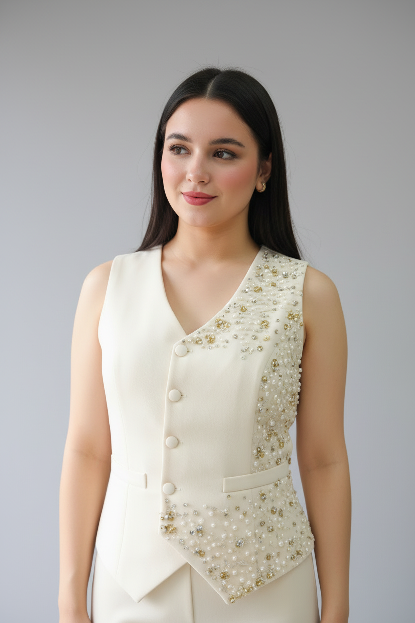 Conjunto Crema Chaleco Bordado y Pantalón cod.633
