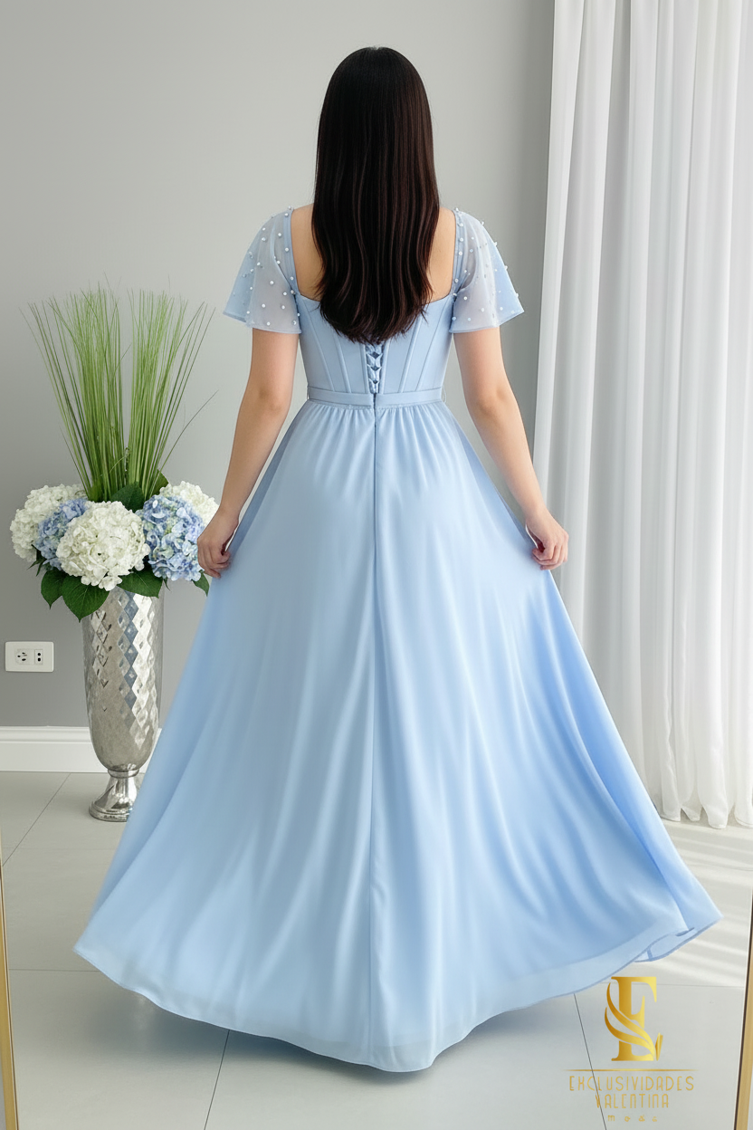 Vestido Azul Cielo | A-Line Sweetheart Corsé con Mangas Mariposa, Perlas y Abertura cod.V521