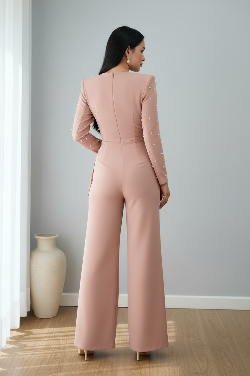 Enterizo blush rosa palo perlas escote cruzado pantalón wide leg C.1945