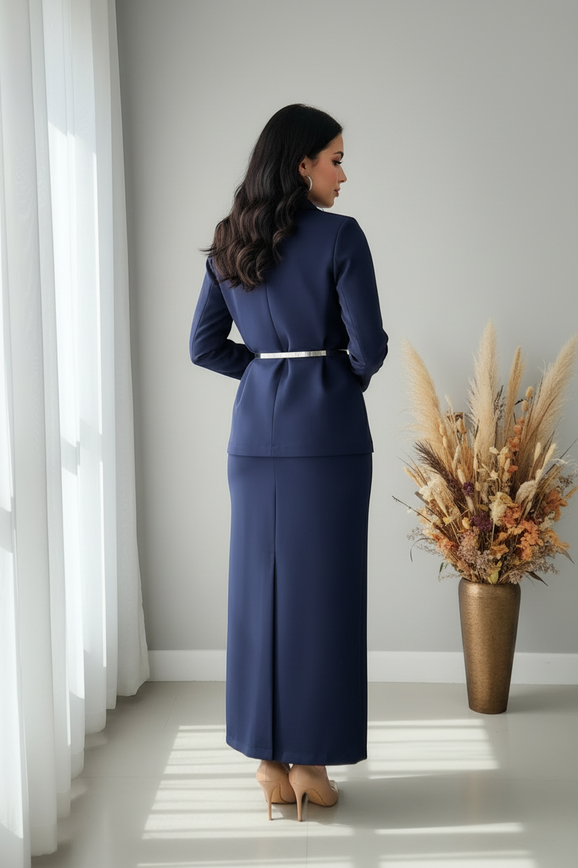 Conjunto Azul Marino Blazer Cruzado y Falda Maxi con Abertura cod.C372