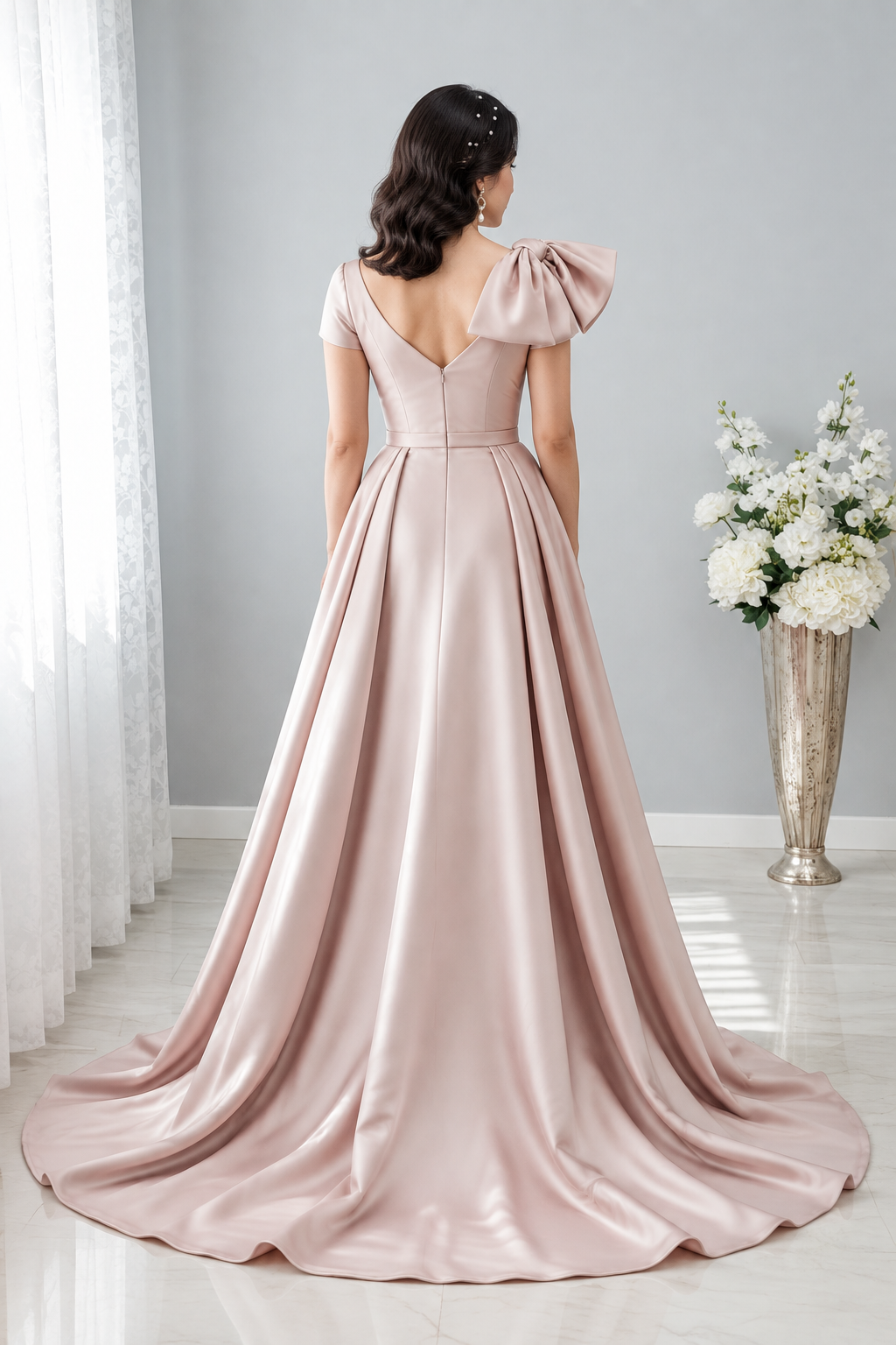 Vestido Blush Satén Escote V Cruzado Lazo Hombro Ball Gown Cola cod.V0044