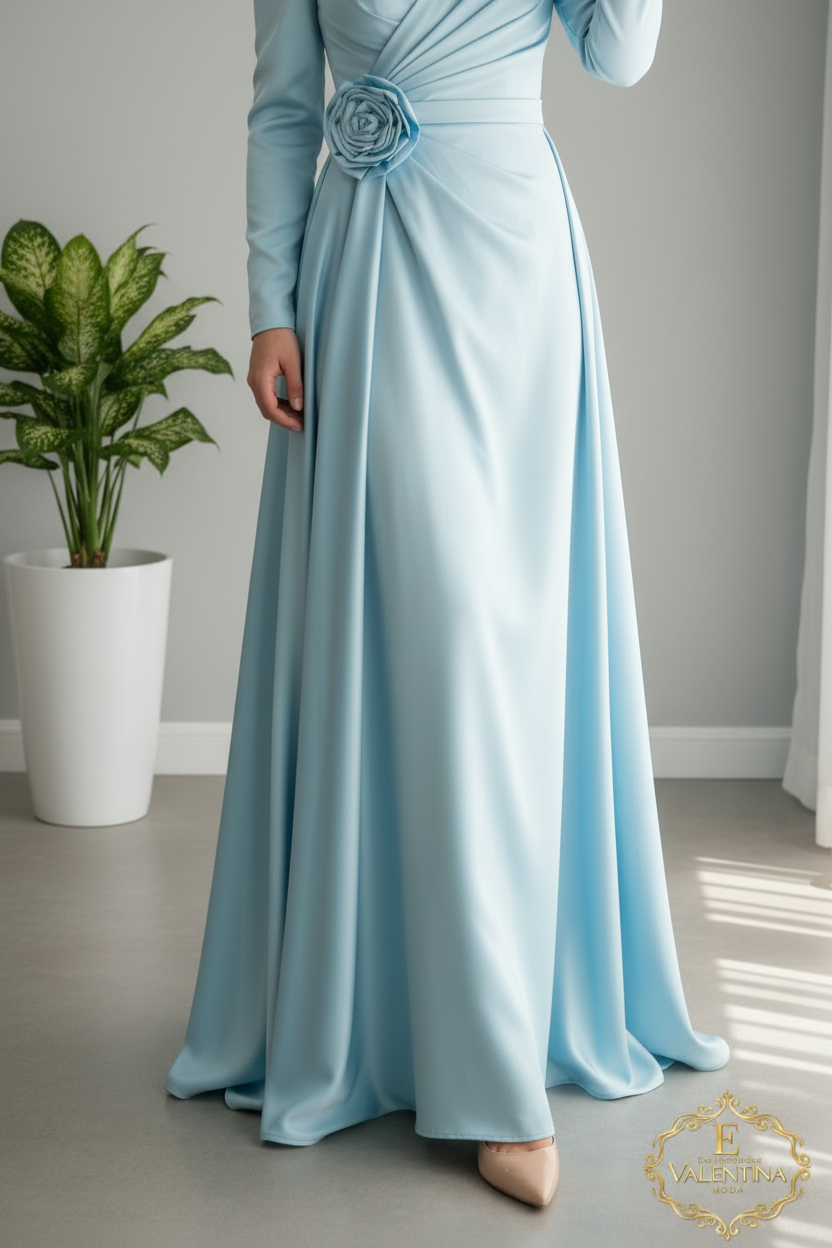 Vestido Azul Cielo Off-Shoulder Manga Larga Rosa D3 cod.919