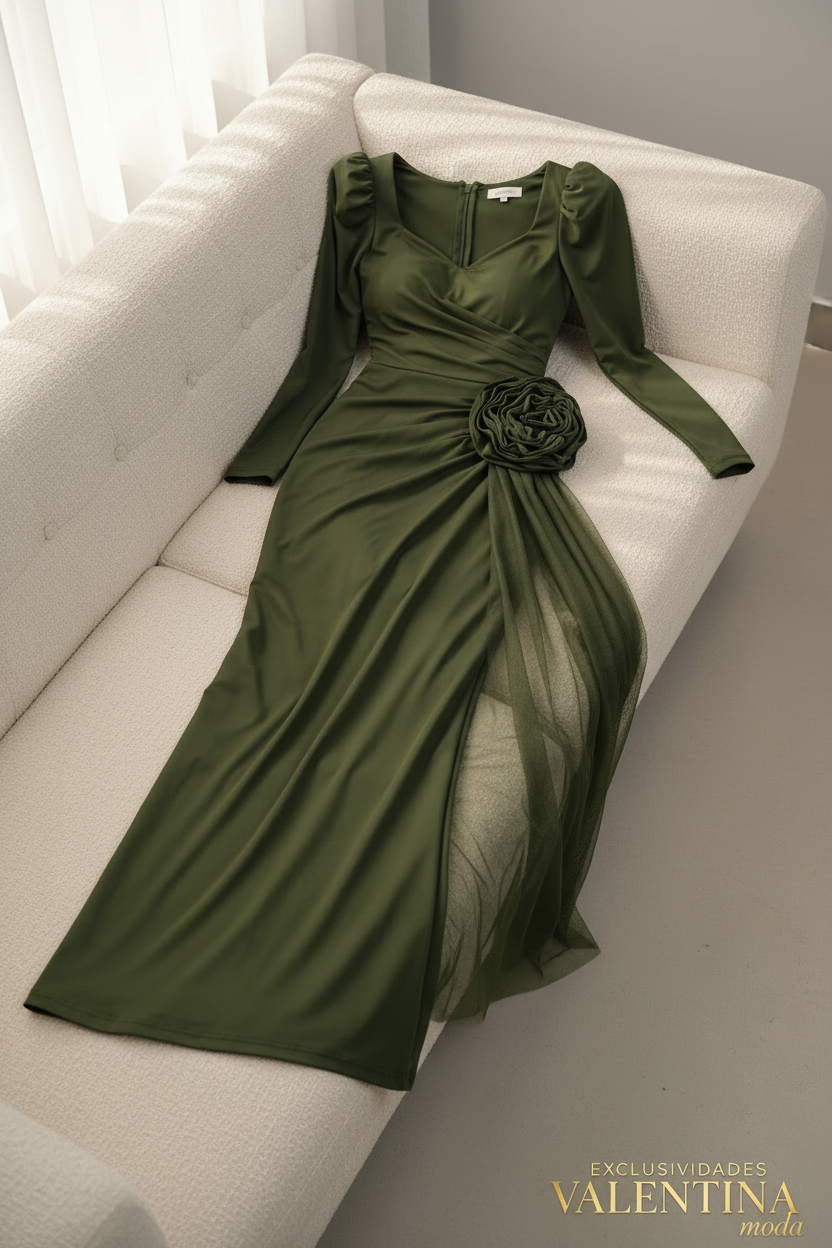 Vestido Verde Olivo Rosa D3 cod.V724