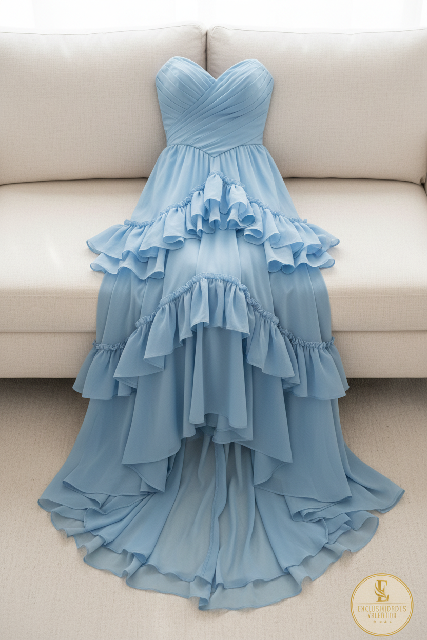 Vestido Azul Cielo Strapless Corset Drapeado Cruzado y Falda Volantes en Capas cod.770