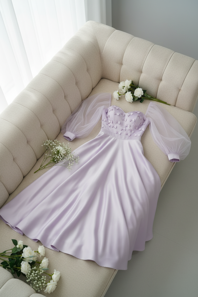 Vestido lila lazos 3D manga tul C.1930