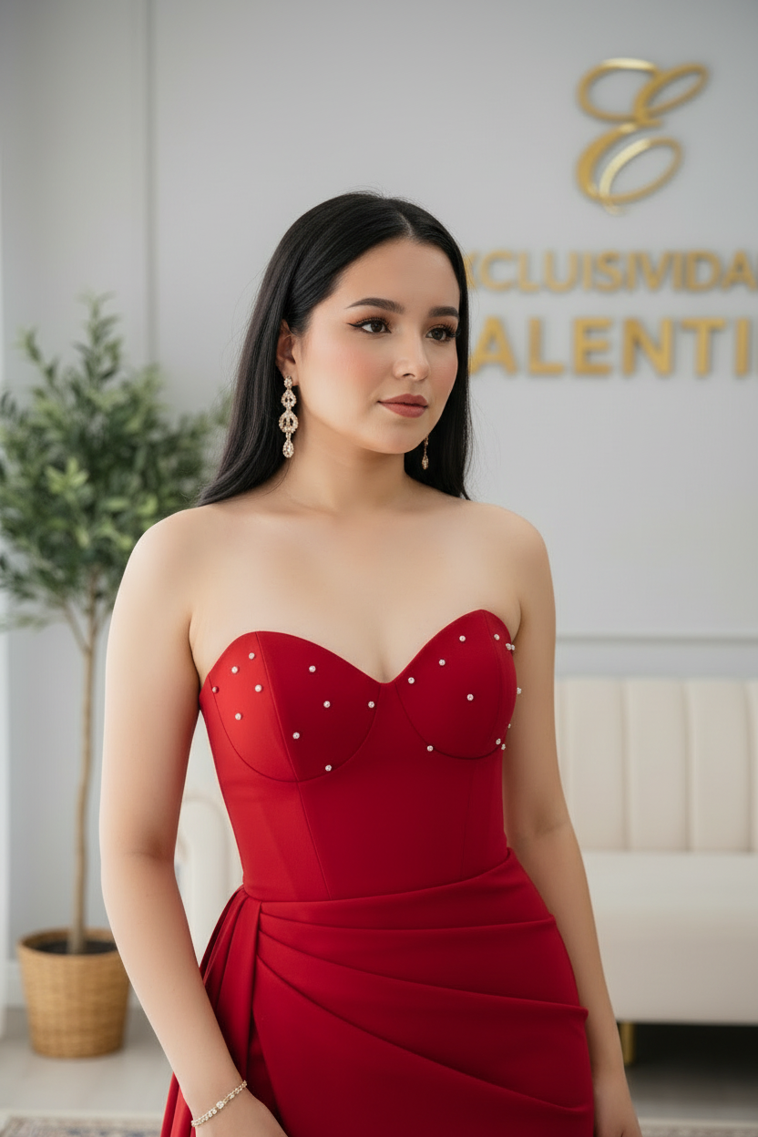 Vestido Rojo Strapless Corazón Perlas Drapeado Slit Gala cod.V587