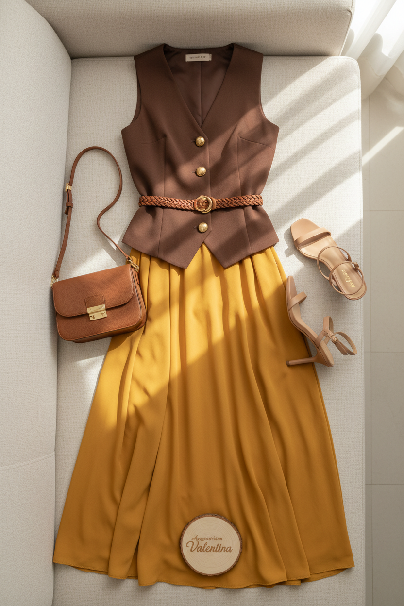 Conjunto Chaleco Café con Falda Mostaza cod.753
