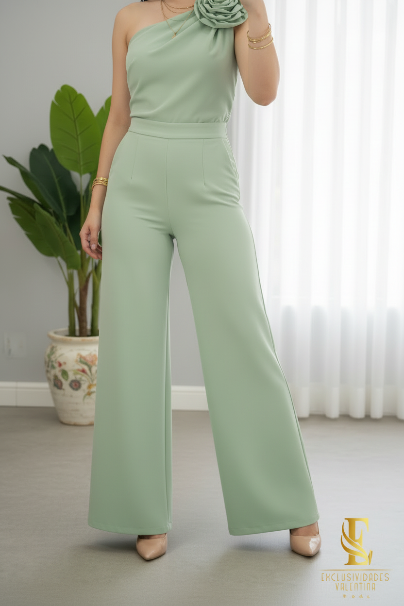 Conjunto Verde Menta — Top Un Hombro Rosa 3D con Capa & Palazzo cod. 0046