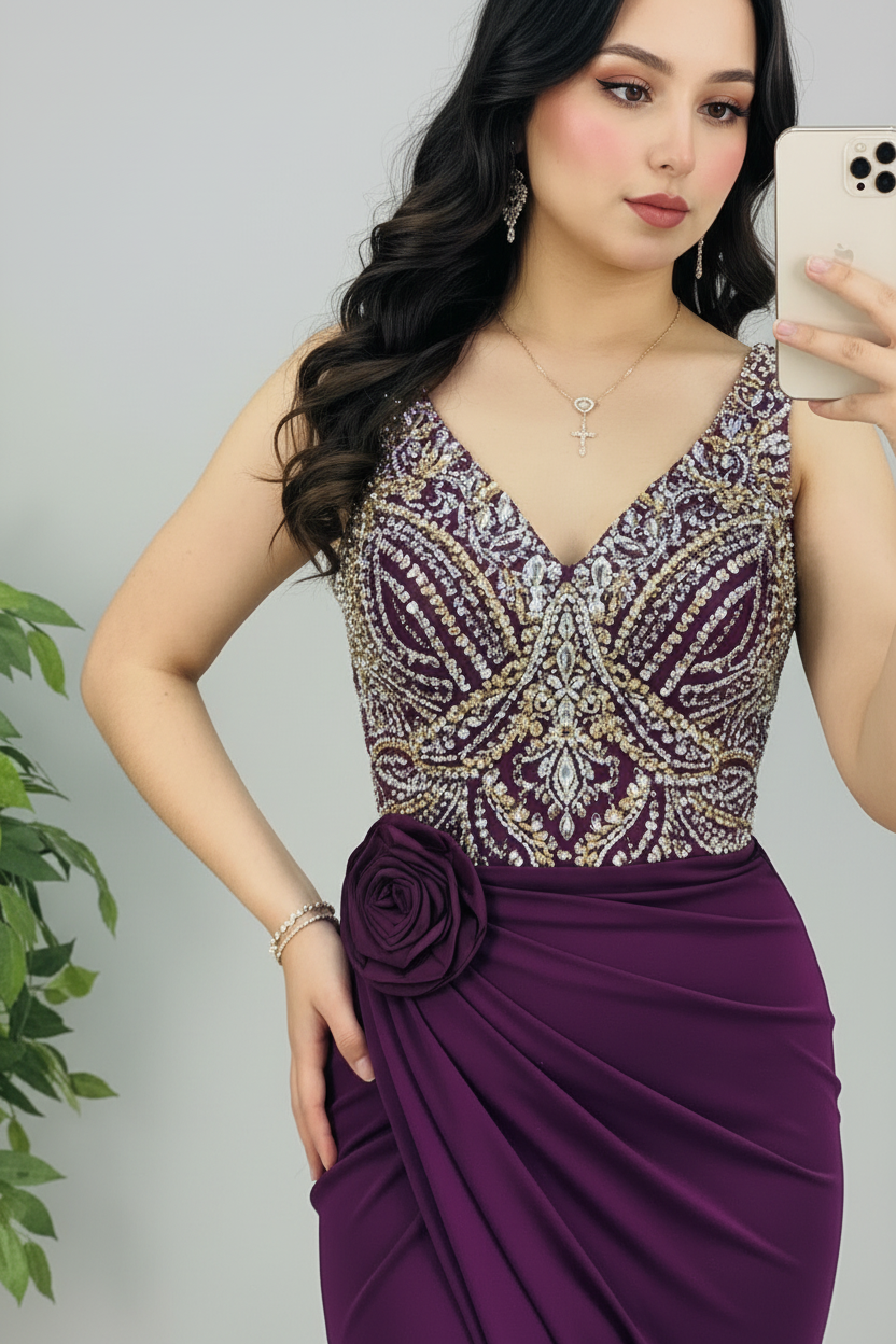 Vestido Formal Morado Ciruela Escote V con Pedrería Dorada Damasco Rosa 3D y Abertura cod.545