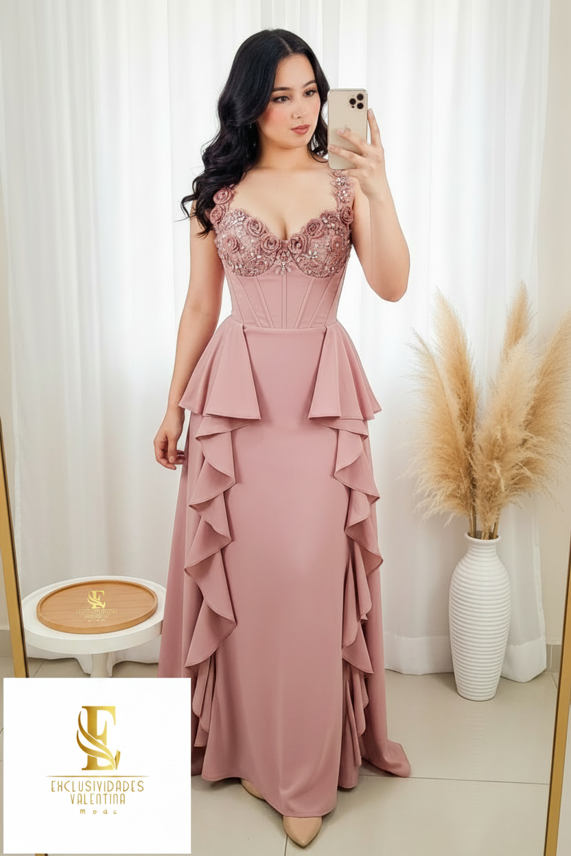 Vestido Rosa Palo Corset Encaje 3D cod.00164