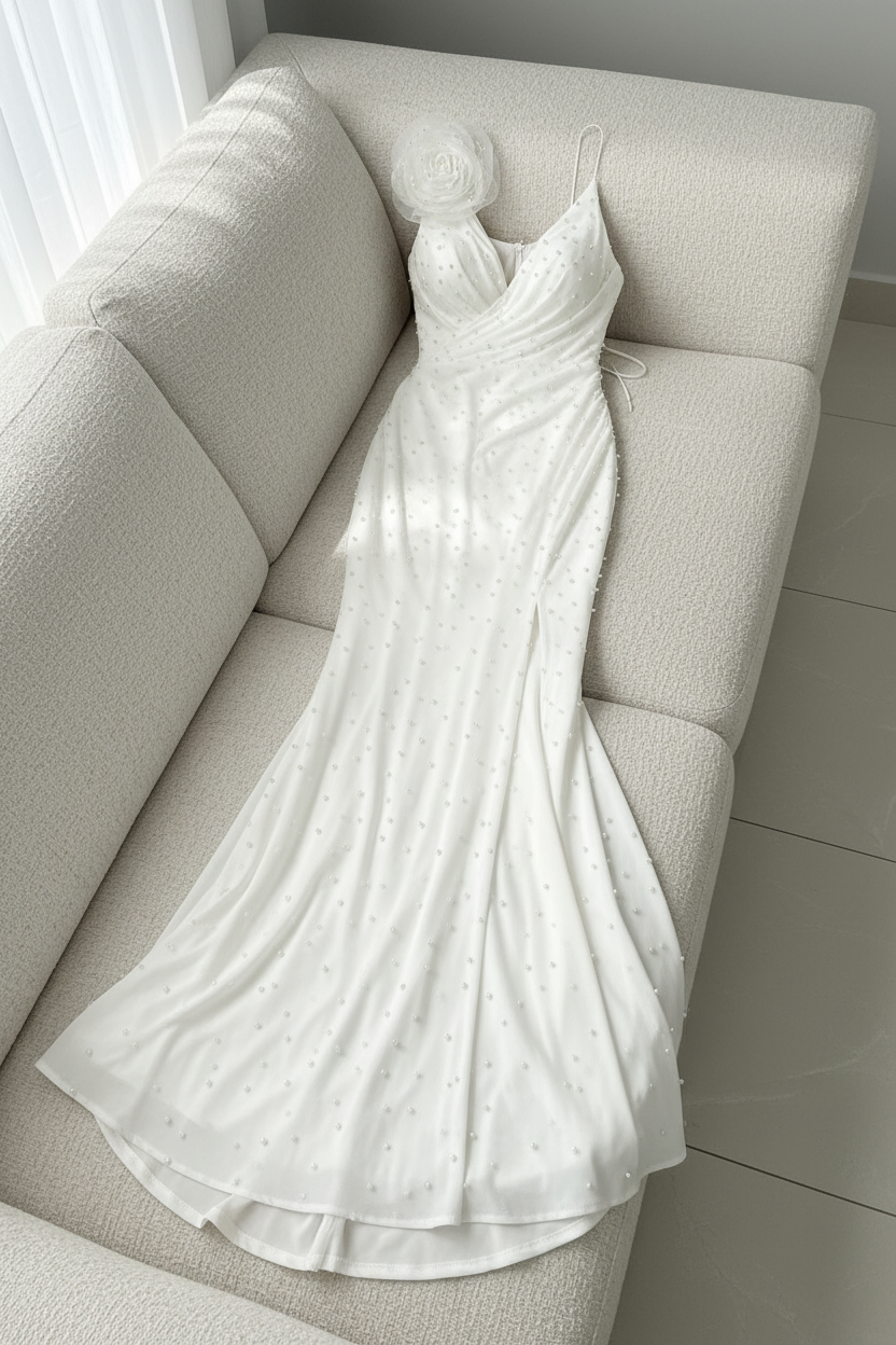 Vestido Blanco Perlas Escote V Rosa 3D  Abertura cod.V323