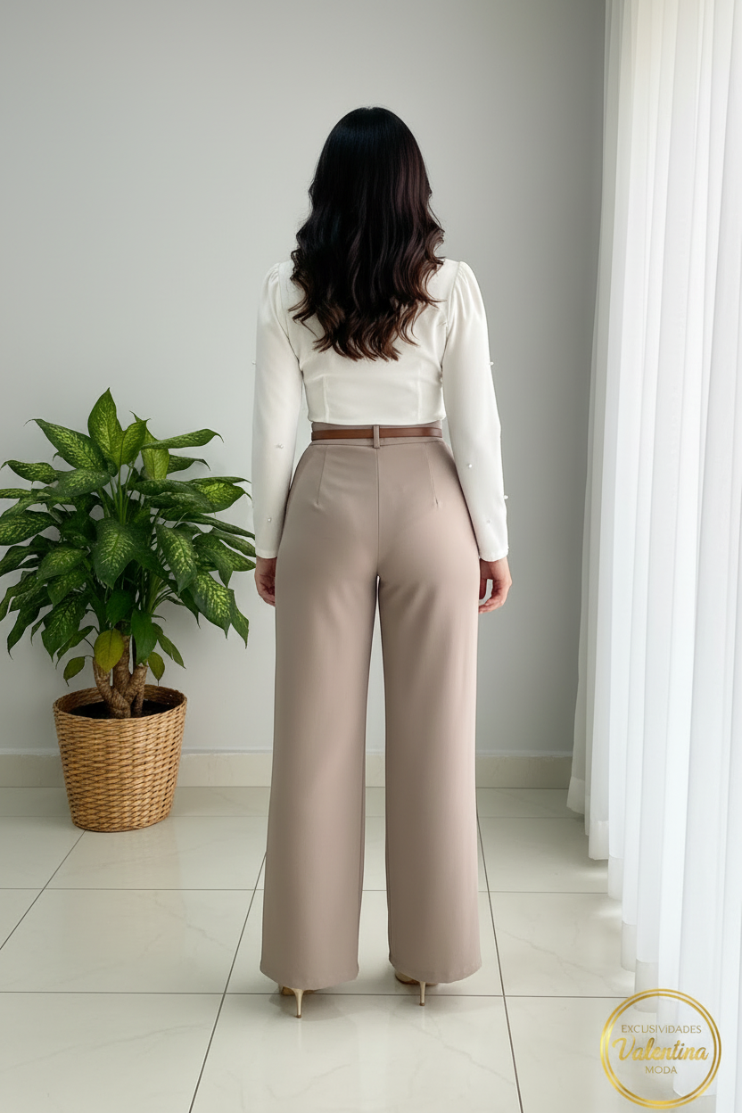 Conjunto 2 Piezas Top Blanco Cruzado y Pantalón Palazzo Beige cod.00131