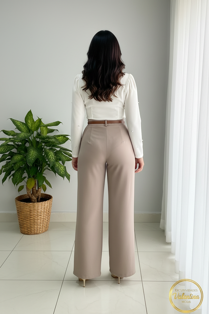 Conjunto 2 Piezas Top Blanco Cruzado y Pantalón Palazzo Beige cod.00131