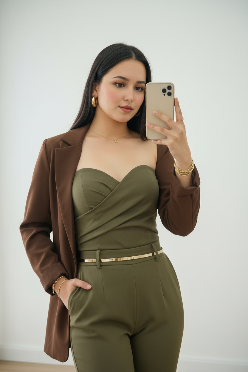 Conjunto Verde Olivo con Blazer Café  3 piezas cod.756