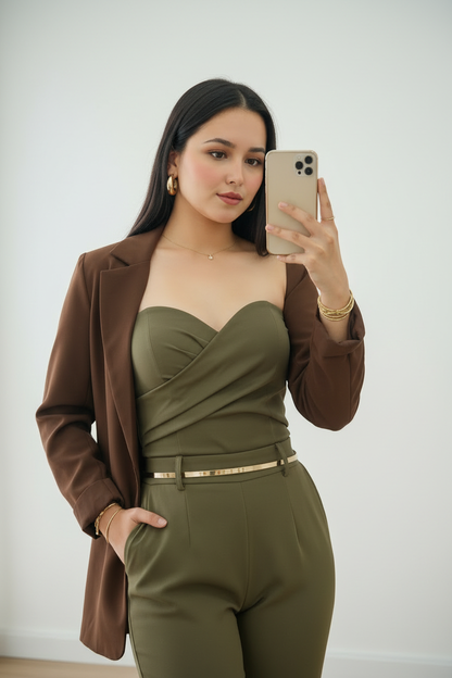 Conjunto Verde Olivo con Blazer Café  3 piezas cod.756