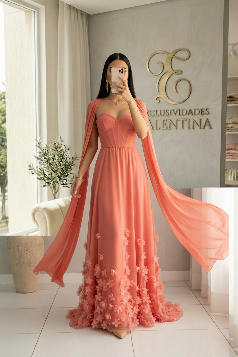 Vestido Coral Gala Corset Flores 3D Mangas Capa cod.V576