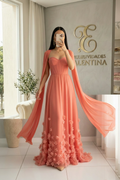 Vestido Coral Gala Corset Flores 3D Mangas Capa cod.V576