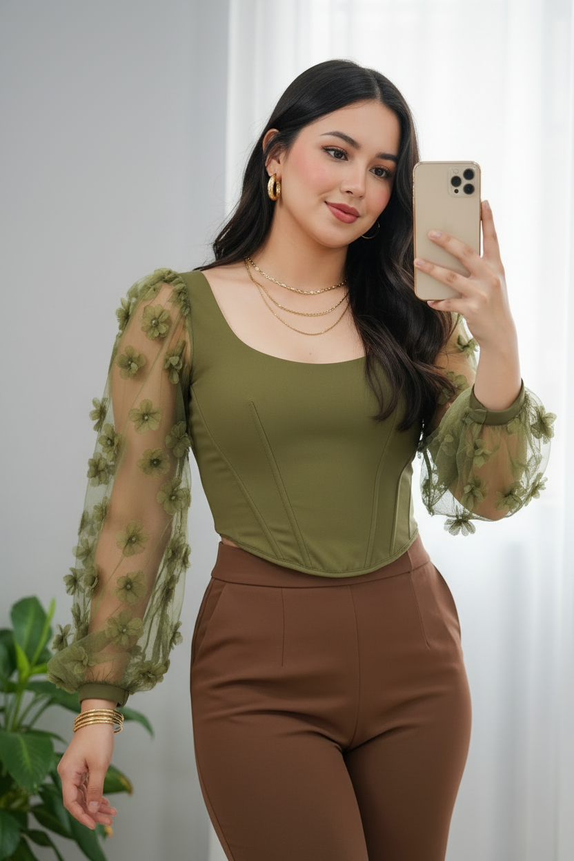 Conjunto Top Verde Oliva Cuello Cuadrado Mangas Tul Flores 3D y Pantalón Acampanado Chocolate cod.758