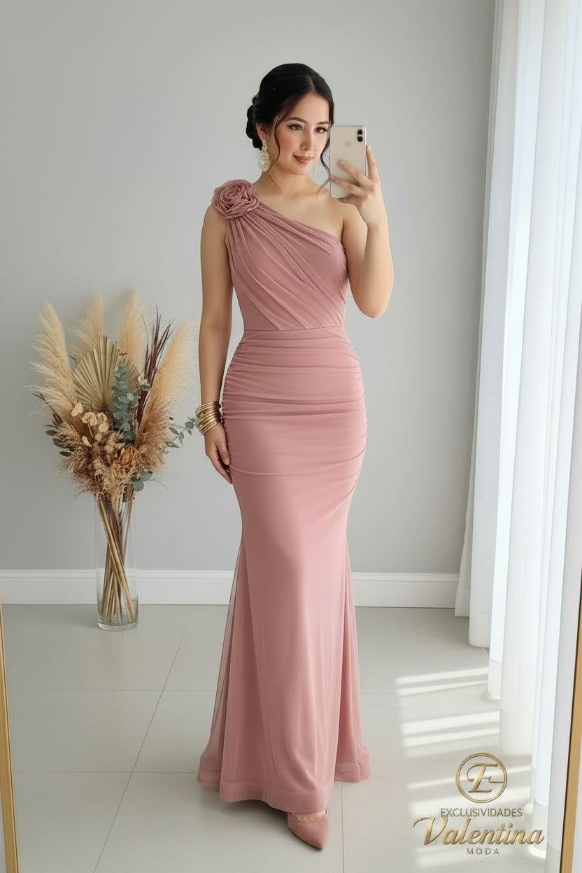 Vestido Sirena Un Hombro Rosa Palo cod.V396